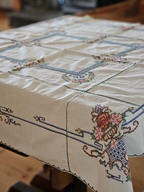 Cream Embroidered Floral Tablecloth with Blue Border
